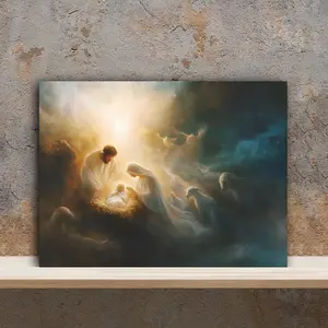 1 Piece Nativity Scene Canvas Print with Wooden Frame - Nativity Wall Art, Living Room, Bedroom, Home Office Religious Christmas Decoration, 11.8inch x 15.7inch cm, Vintage Style, Indoor Use,Warm Color, Scriptur Poster Ornaments