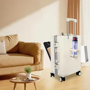 20-inch carry-on suitcase with USB port, cup holder, and combination lock for storing cutlery. Durable and stylish, perfect for travel.