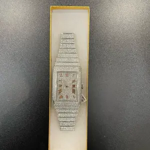 Iced Out Rectangular Watch Silver Tone Diamond Style Roman Dial Hip Hop Bling Luxury Timepiece