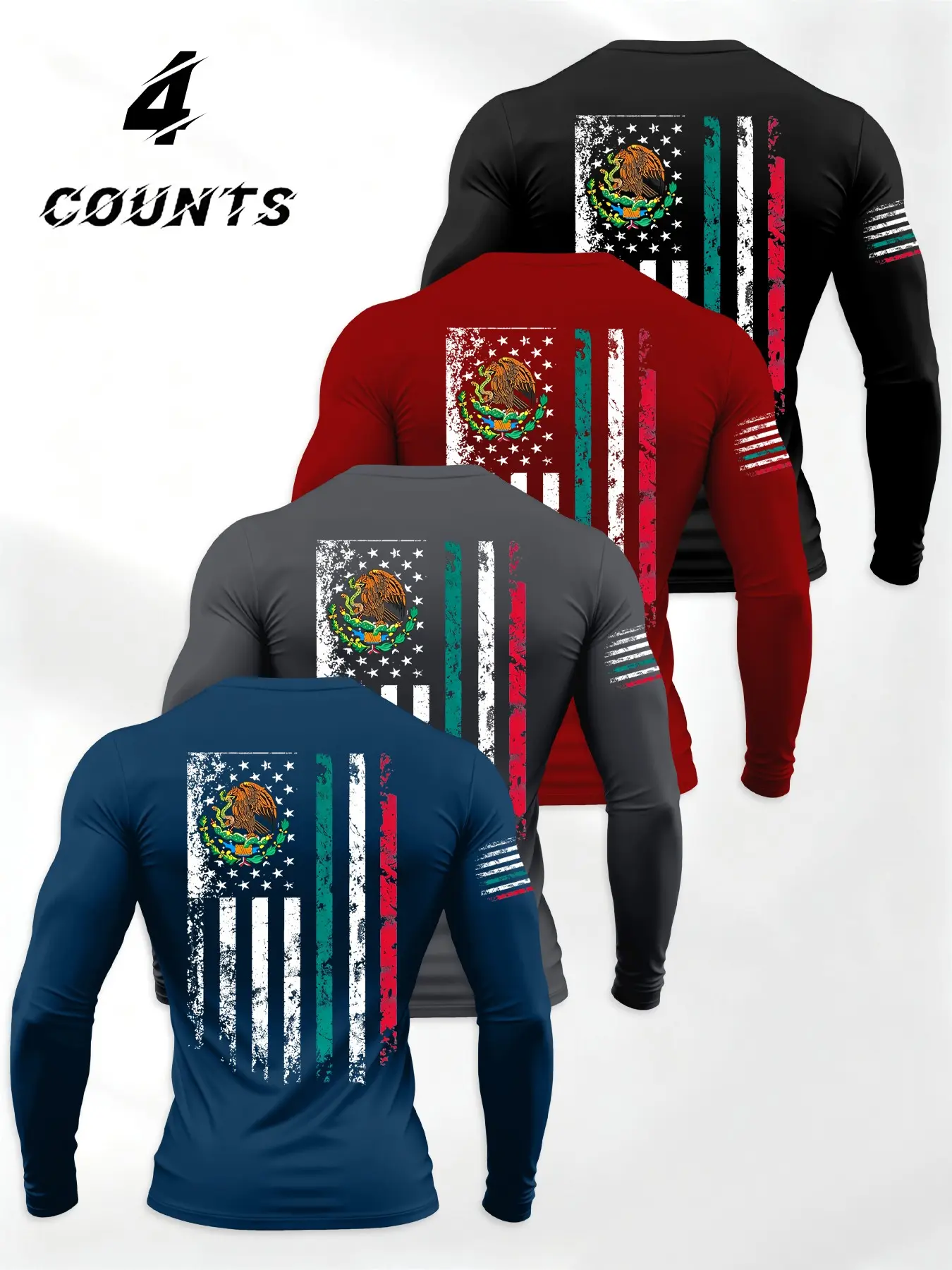 Men's Tight-Fitting Fitness Set, 4-Piece Street Fashion Long Sleeve Training Clothes, Patriotic Gym Enthusiasts, Sporty Style, Active Sportswear, All Seasons, Athletic Fashion Activewear, Athletic Wear, Athleisure Wear Set, Sports Clothing Set