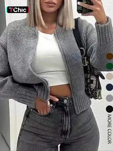 women's solid drop shoulder zipper sweater cardigan, casual long sleeve round neck knitwear for fall & winter, fashion women's knit clothing for daily wear