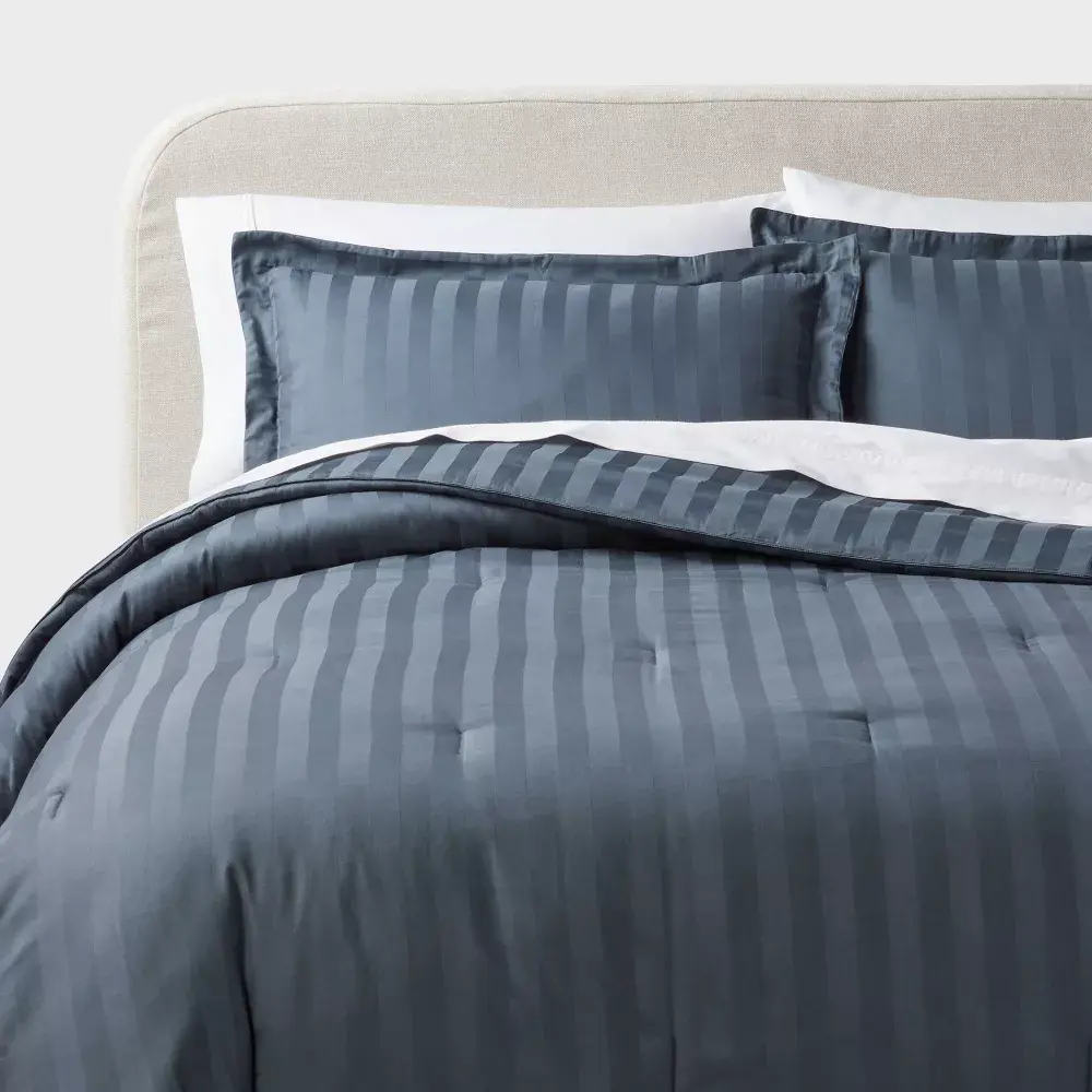 Threshold Cotton Sateen Comforter Set Striped 300 Thread Count Blue Full/Queen