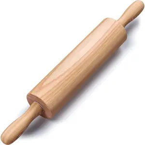 17.6-Inch Wooden Rolling Pin with Rotating Ergonomic Handles, Classic Beech Wood Dough Roller for Baking Pizza, Pastry, Bread, and Cookies