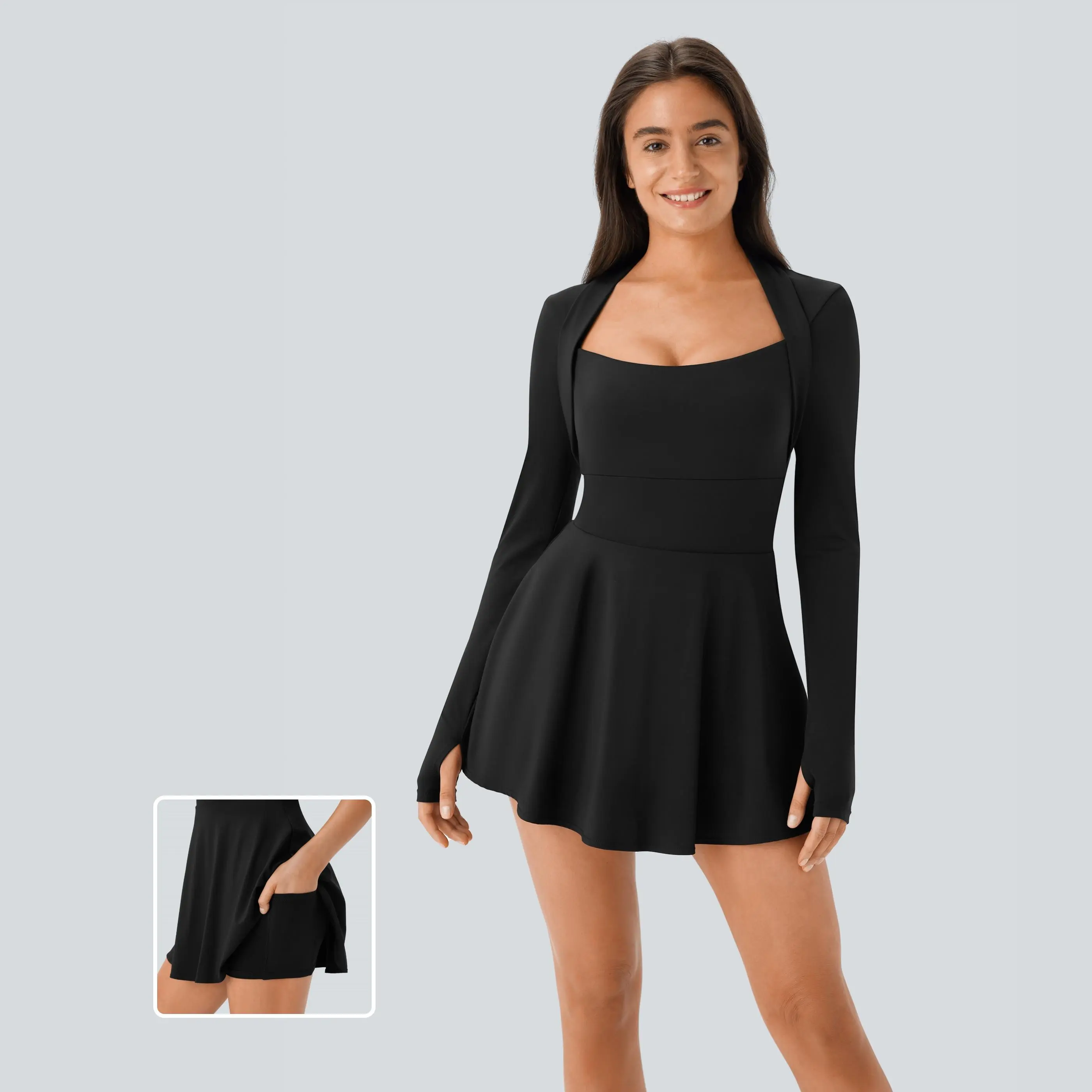 Halara Softlyzero Airy Long Sleeve Thumb Hole 2-in-1 Side Pocket Flare InstantCool Micro Mini Pickleball Dress