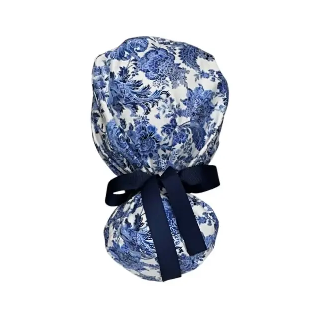 Ponytail Surgical Cap for Nurses and Medical Professionals - Blue Floral Design with Navy Ribbon