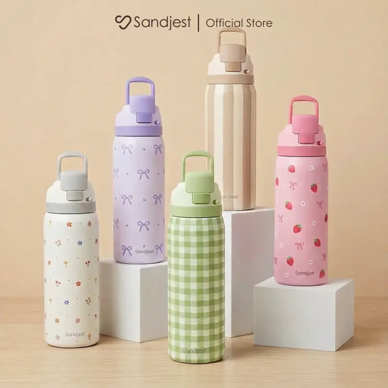 Sandjest Patterned 32oz Water Bottle with Push-Button Lid & Straw, Insulated Stainless Steel Leak-proof Reusable Tumbler, Portable for Gym Travel Office Outside, Gift for Her Women Birthday Holidays Christmas
