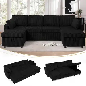 ACMEASE 110" Corduroy Reversible Sectional Sofa With Adjustable Backrests & Pull-Out Sofa Bed,  Modern U Shaped Couch w/Storage Space & Cup Holders, Comfortable Corner Sofa w/USB Charging Port & Throw Pillow for Living Room