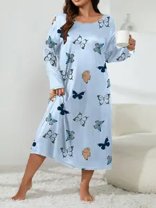 Plus Size Butterfly Print Long Sleeve Nightdress, Casual Home Wear Sleepwear, Comfortable Loungewear for Women