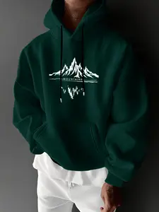 Mountain Graphic Printed Hoodie | Black, White, and Dark Green Oversized Casual Style with Nature-Inspired Pattern | European and American Outdoor Street Style Outfit | Comfortable and Eye-Catching | A Must-Have for Fashionistas Sweatshirts