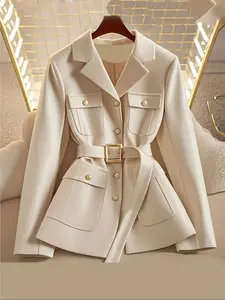 Women's Elegant Lady Belted Fitted Blazer Jacket, Mid-Length Washable Long Sleeve Coat with Pockets, Accents, All-Season Wear, Smooth Fabric, Outerwear