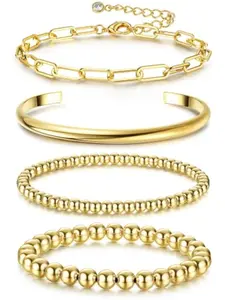 4PCS Gold Bracelets for Women Girls Beautiful Bracelets 14K Gold Plated Cuff Bracelet Bead Ball Bracelet Twisted Chunky Bangle Bracelet Gold Stackable Bracelets Set