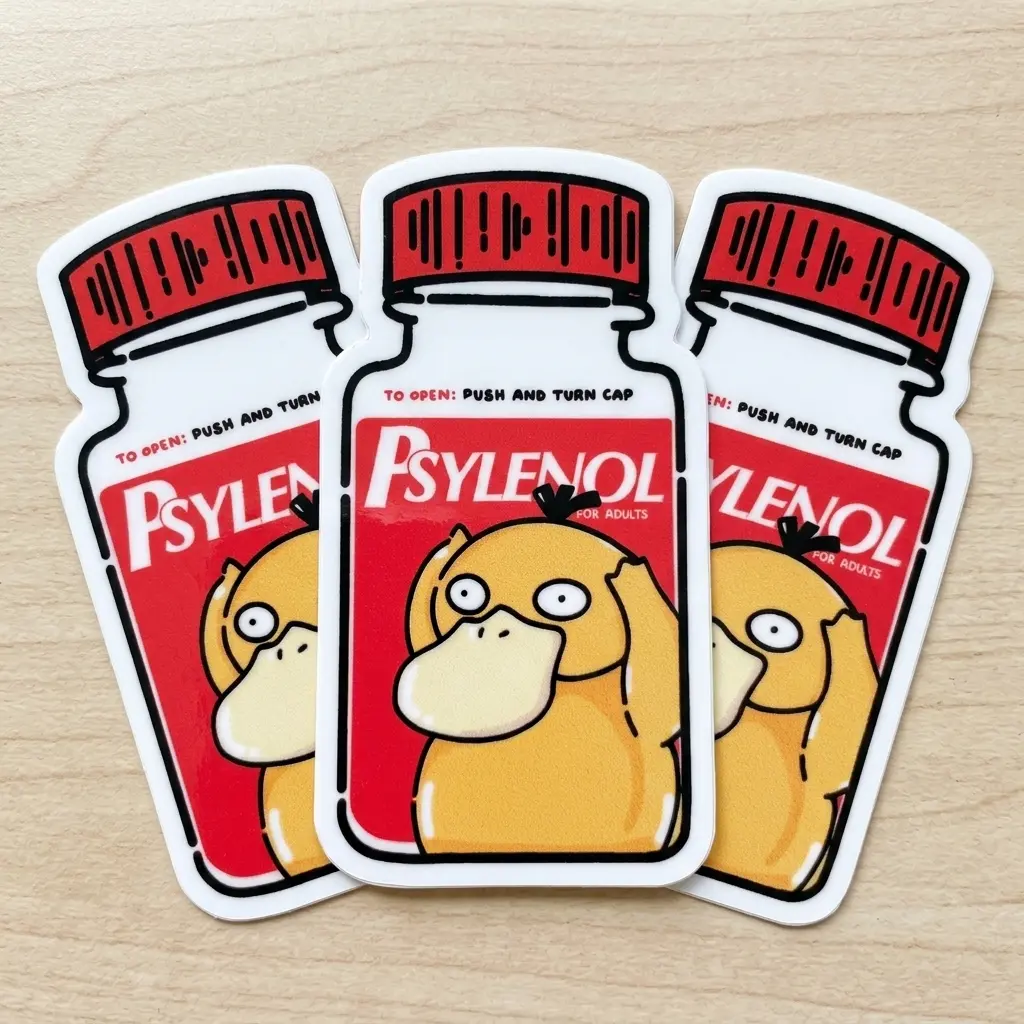3PCS Funny Psyduck Headache Pill Bottle Vinyl Sticker, Cute Anime Meme Waterproof Decal for Laptop, Water Bottle, Journal, Phone Case Gift