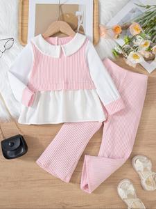 girls' patchwork knit set, sweet forest style, ruffle collar blouse + flare pants, suitable for ages 3-6