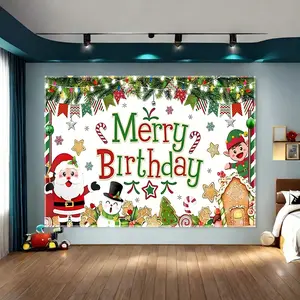 1pc Christmas Party decoration, made of polyester material, with background pictures of Santa Claus and Christmas elves, suitable for indoor and outdoor decoration, Christmas party decoration, and photography background decoration
