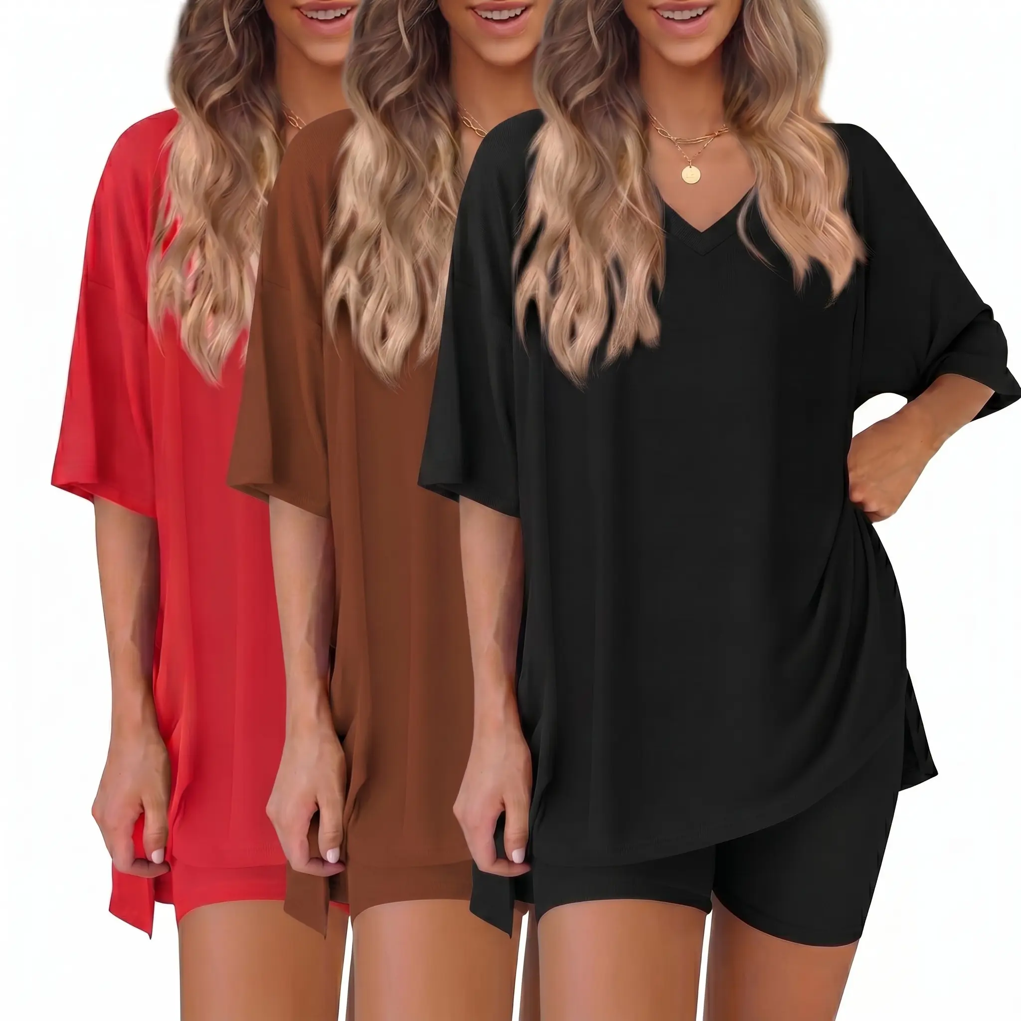Women's 2 Piece Outfits Summer Lounge Sets Oversized V Neck Short Sleeve T Shirt and Biker Shorts Tracksuits Activewear (Available in 1, 2, 3 Packs)