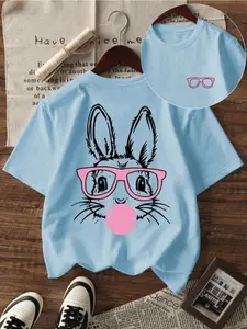 Cute Glasses Rabbit Pattern T-Shirt, Top, Art Style Tee, Inspires Imagination and Self-Expression, Summer Casual Round Neck Short Sleeve