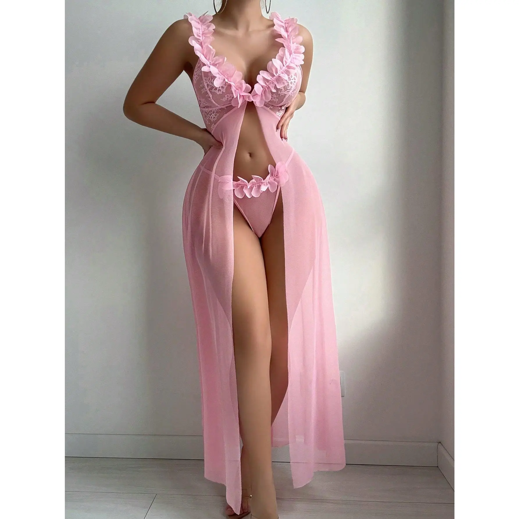 Wedding Lace Splicing Mesh Three-Dimensional Flower Front Button Slit Long Nightgown + Thong 2 Pieces
