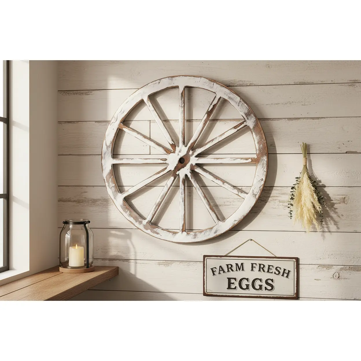 30" Round Classic Lightweight Hangable Decorative Wood Wagon Wheel - White, with Hook for Room, Wall, Garden Home Hanging Decor
