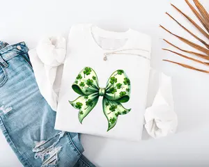 St Patricks Coquette Bow Adult Sweatshirt Vibrant Green Clover Ribbon Design Soft Cozy Unisex Fit Perfect for St Paddy's Celebrations - Hello Handpressed