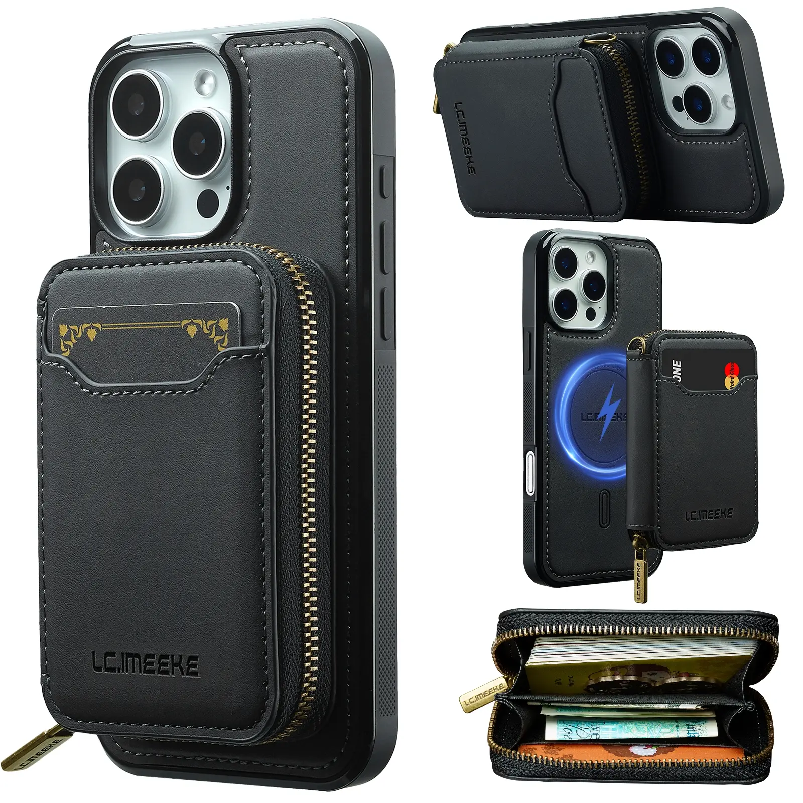 2 in1 Magnetic Leather Wallet Case Cover for iPhone 17 Pro Max, 17 Air, 17 Pro, 16 Pro Max, 15 Pro Max, 14, 13, 12, 11 RFID Blocking Detachable Zipper Wallet Design with 1 Card Slots, Compatible Magsafe Cellphone Smartphone