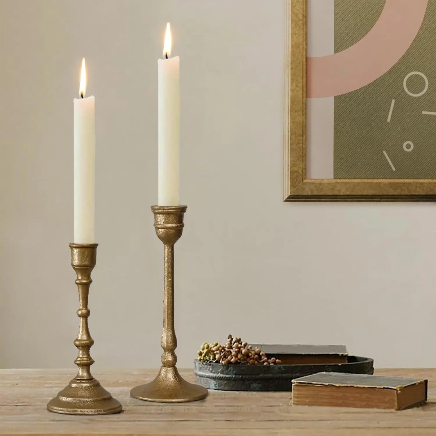 Antique Brass Iron Taper Candle Holder Set of 2 - Rustic Modern Synthetic Home Supplies Decorative Candlestick Stand for Wedding, Bars, Dining Home Decor