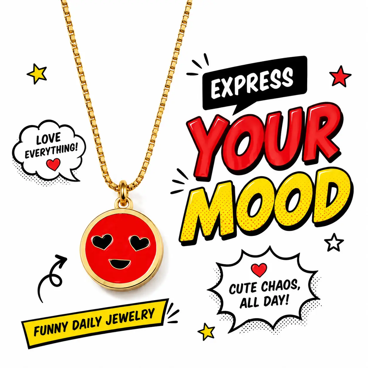 LAMARI Red Smiley Face Pendant Necklace for Women, Gold Tone Cute Enamel Charm Necklace, Dainty Y2K Jewelry for Daily Wear, Party & Gift