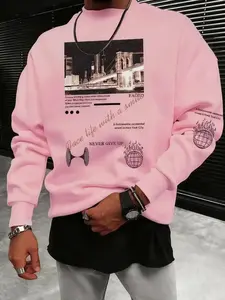 Men Round Neck Sweatshirt City Night Print Casual Trendy Top Fall Winter Fitted Graphic Pullover Comfortable Moderate Fabric 2026