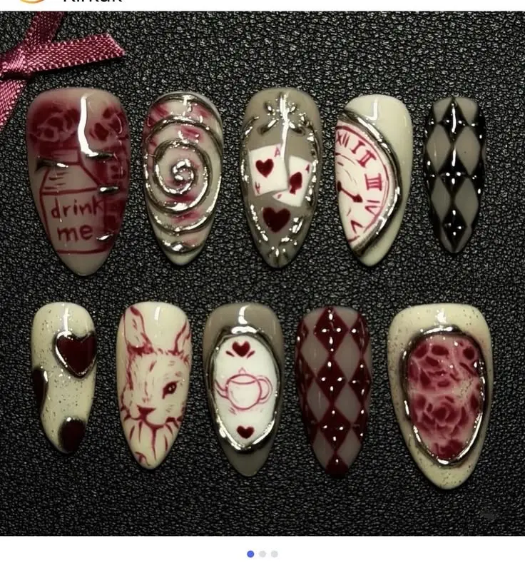 Gothic Dark Fantasy Press On Nails Wonderland Inspired Oxblood 3D Chrome Baroque Handmade Almond Reusable Fake Nails with Free Adhesive Tabs Nail File & Cuticle Stick