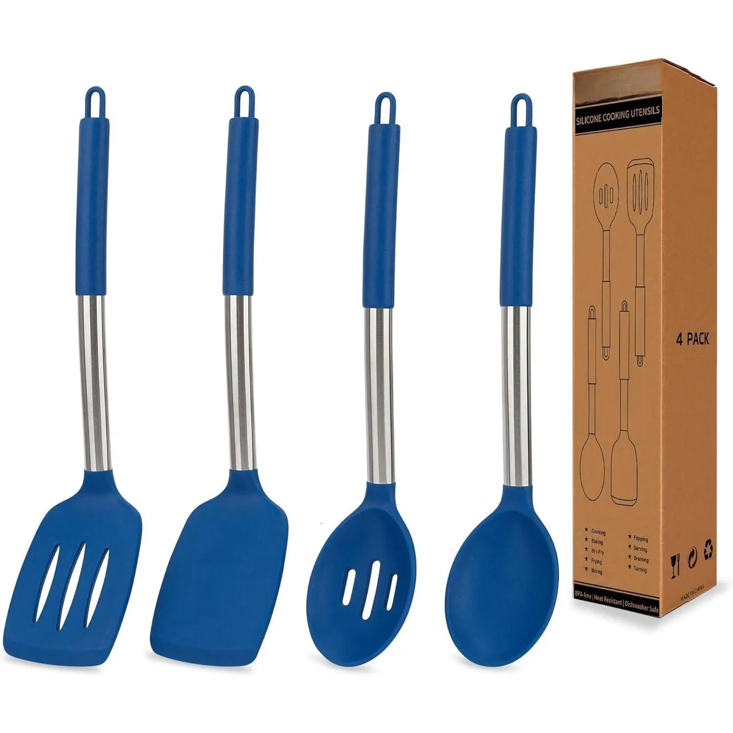 4 Pack Silicone Utensils Set，Non Stick Solid Spatulas  Slotted Spoons with Stainless Steel Handle，Spatulas for Cooking，Frying Mixing Serving -Blue