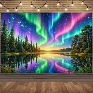 A Halo-surrounded Northern Lights and Lake Light Reflection Creates a Captivating Ambiance, Perfect for Living Rooms, Offices, or Meditation Areas
