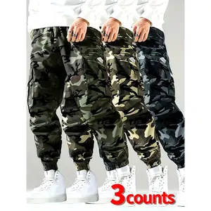 3-pack men's camouflage multi pocket work pants Elastic waist drawstring outdoor casual ankle pants Multi colored camouflage loose oversized commuting pants Trendy camouflage workwear style sports casual pants