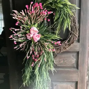 18-Inch Spring Peony Wreath, Artificial Grapevine Wreath, Hanging Leaves, Farmhouse Style Decor, Mother's Day Decoration