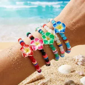 Bohemian Polymer Clay Beads Bracelets for Women Multicolor Flower Braided Rope Wrist Chain Bangle Travel Beach Party Jewelry