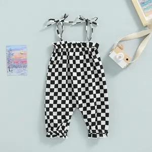 Infant Baby Girls Summer Jumpsuits Checkerboard Plaid Sleeveless Tie-up Smocked Romper Overalls  Outfits