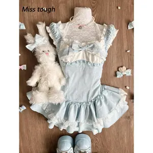 Sweet Blue Lolita Dress Women Lace Ruffle Bowknot Sleeveless Kawaii Princess Style Mini Dress Cute Cottagecore Summer Outfit New