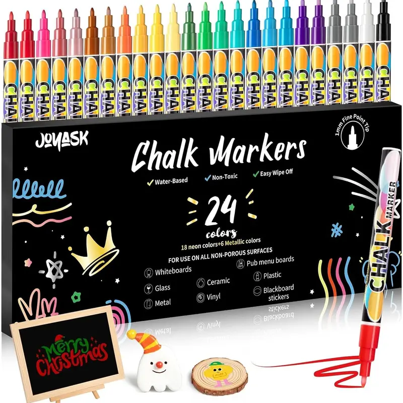 Extra Fine Tip Chalk Markers for Chalkboards (Pack of 24, 1mm Tip) | Liquid Chalk Pens for Glass&Window, Erasable Dry Erase Markers Paint and Drawing for Blackboards, Bistro, Cars, Wedding Signs