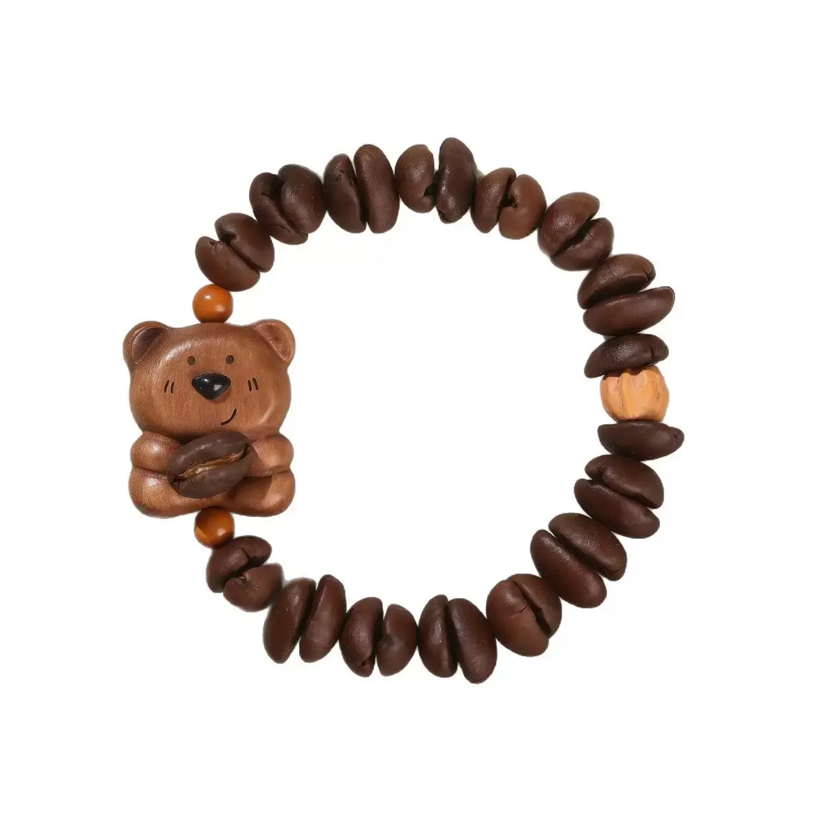 Female Vintage Beaded Bracelet, Cottagecore Coffee Bean Style with Bear Charm, Handmade Stretch Jewelry for a Christmas Anniversary Gift, Birthday, Family, Natural, Pastoral-Themes