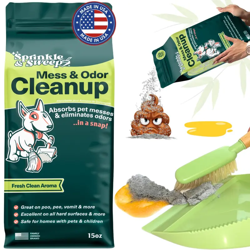 Sprinkle & Sweep Pet Mess & Odor Cleanup Powder Dog & Cat Urine, Vomit & Diarrhea Cleanup, Activated Carbon Odor Control, Bamboo Mint & Lime Scent, Easy Sweep-Up, 1 Bag