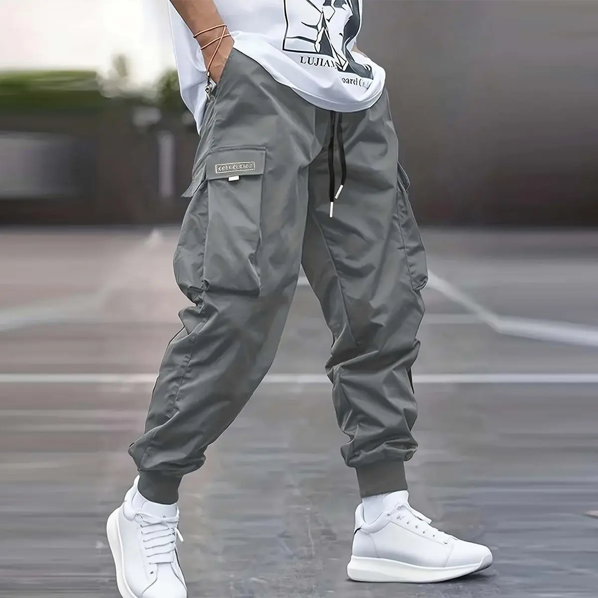 Men's Grey Cargo Jogger Pants - Weightless Quick-Dry Fabric, Elastic Waist with Drawstring, Large Brand-Labeled Cargo Pockets, Ribbed Cuffs, Loose Streetwear Fit, Multi-Size Urbane Cuffed Weightless Bottoms, Ideal for Urban Style, Daily Wear, Cuffed Men's