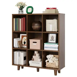 Mid-Century Modern Bookshelf, 9 Cube Wood Storage Organizer with Open Display Shelves, Reinforced Engineered Wood, Anti-Tip Kit & Legs, Retro Bookcase Display Shelf for Living Room, Bedroom, Home Office, Study