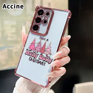 Compatible with Samsung Galaxy S23 Ultra S24 Plus S25 S22+ FE Edge Phone Case Pink Christmas Wish Pattern Transparent Full Coverage Four Corners Anti-drop Casing