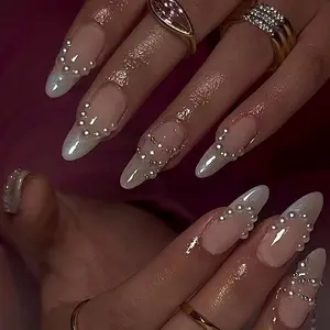 Glossy Elegant False Nails for Women & Girls DIY Nail Art, Glitter Decorative Nails, 24pcs 3D Faux Pearl Decor Long Almond Fake Nail & 1 Count Tape & 1 Count Nail File, Effortless Press on Manicure Set, Glittering Fake Nails