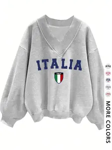 Women's Letter Print V Neck Pullover Sweatshirt, Casual Long Sleeve Sweatshirt for Daily Wear, Ladies Clothes for All Seasons