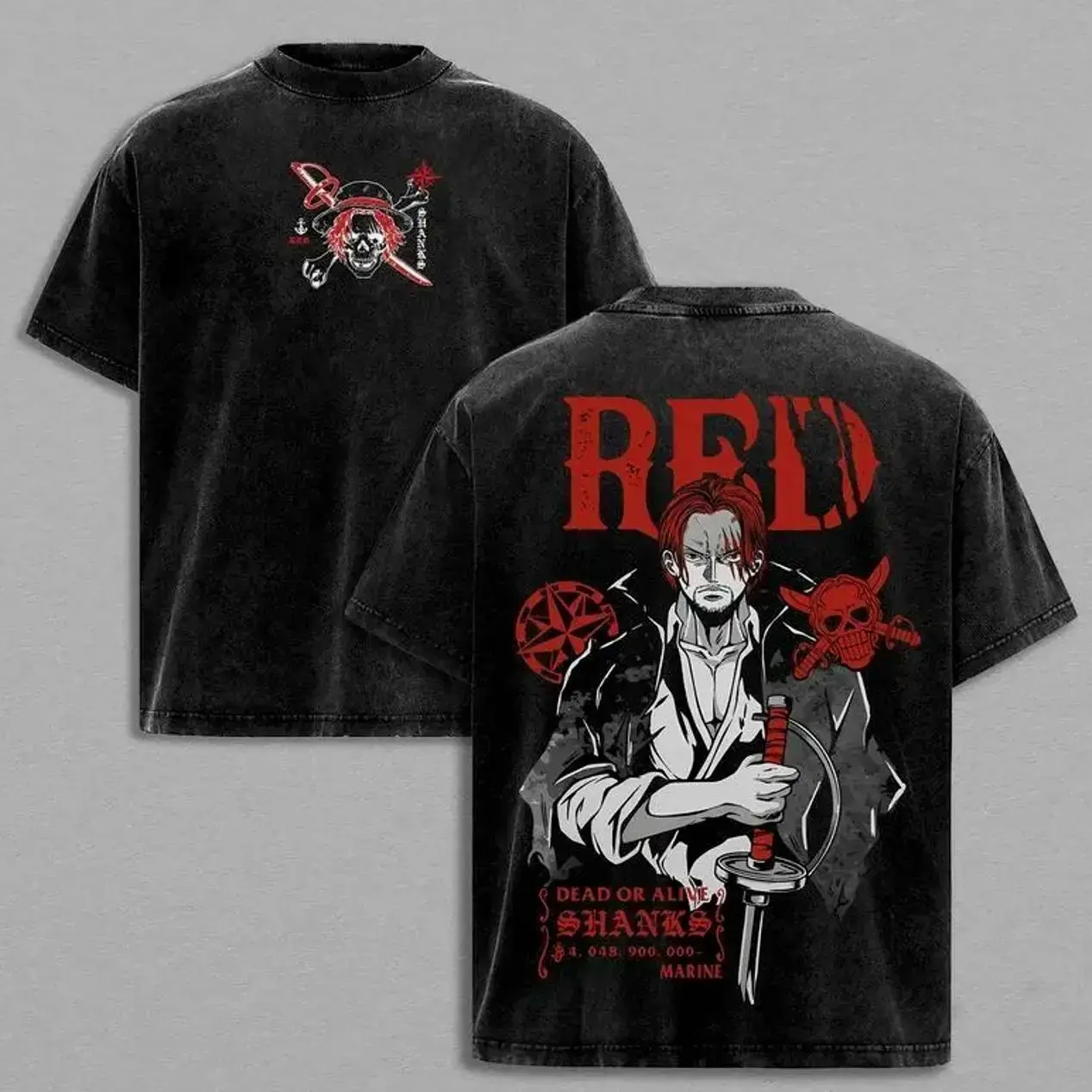Men's Short-Sleeve Shanks Red 1 Piece Pirate Emperor Graphic T-Shirt, Y2K Grunge Vintage Washed Heavy Cotton Oversized Retro Streetwear Gym Pump Cover, Gift for Anime Fans CTH, Shortsleeve