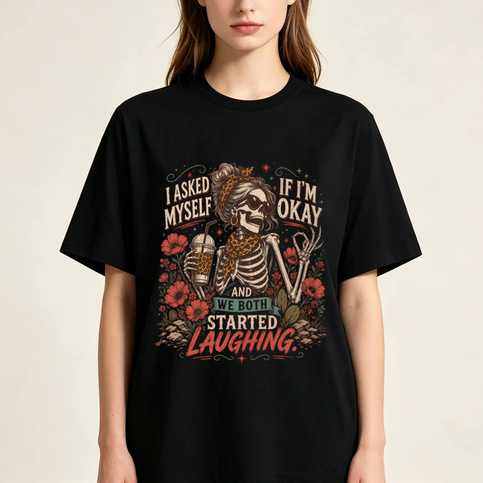 I Asked Myself If I'm Okay Skeleton T-Shirt, Snarky Sarcastic Funny Mental Health Shirt, Vintage Distressed Graphic Tee, Tops, Smooth, Baggy, Shortsleeve
