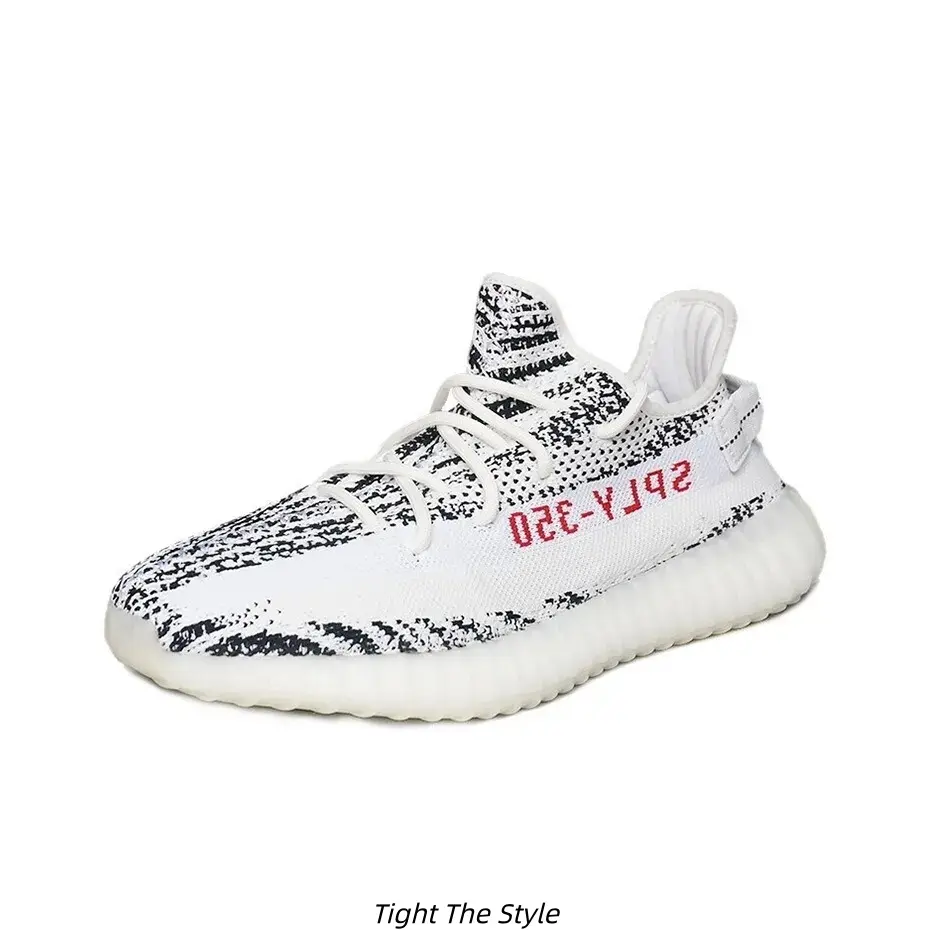 White Black Contrast Zebra Print Fly Knit Breathable Sports Casual Shoes, Anti-Slip Wavy Solid White Rubber Outsole With Red Side Print Decor, Brand New Unopened With Original Shoe Box, Soft Cushioned Versatile Knit Trendy Trainers For Daily Jogging
