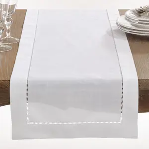 212 MAIN Contemporary Hemstitched Rectangle Table Runner - 16x90 in White with Classic Border, Household Kitchen Linen Textile