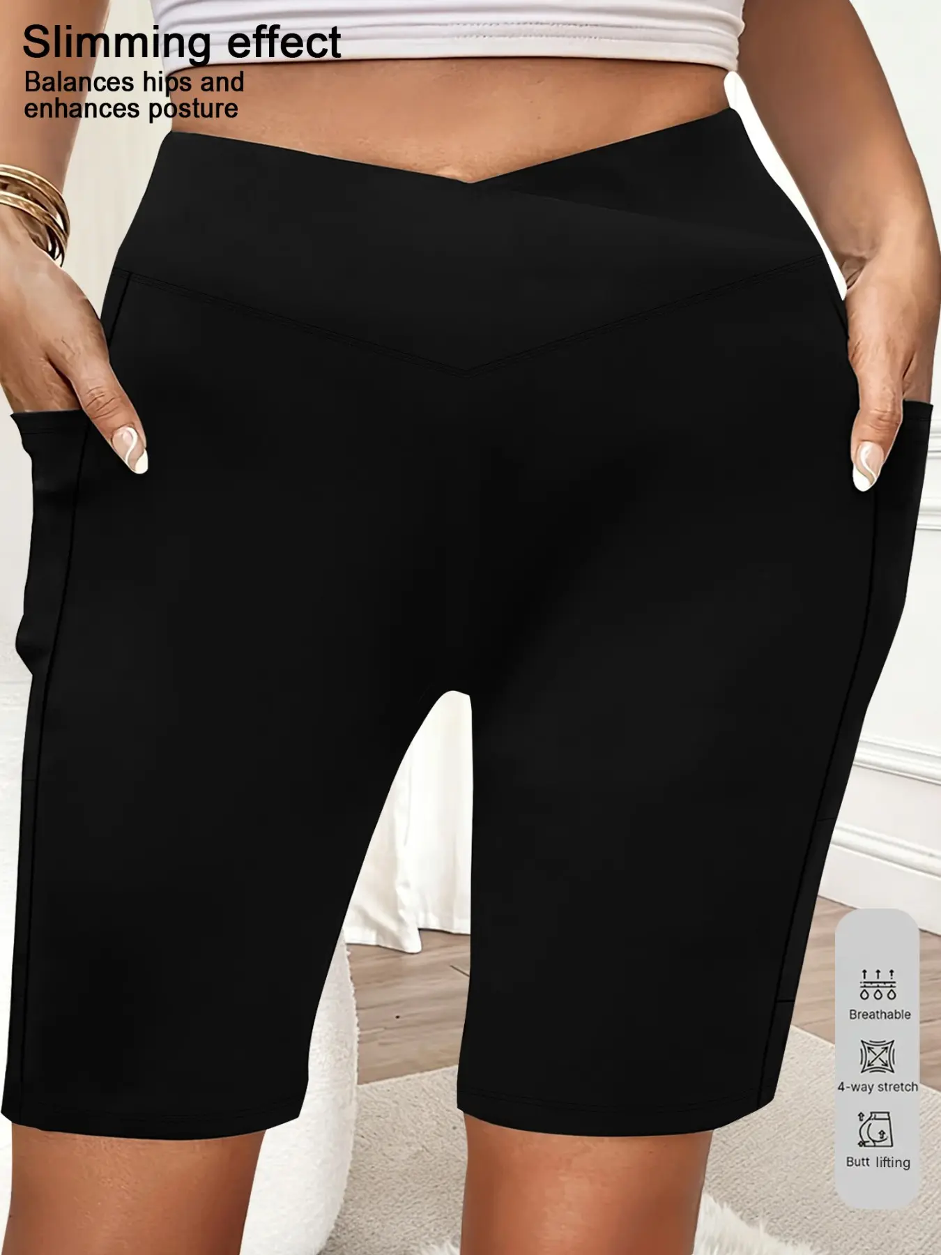 Women's Summer Casual Capri Tight Shorts, Solid Sports Shorts, Sports Yoga Shorts, Workout Shorts, Athletic Wear Shorts, Cross Waist Design, Side Pockets, Plus Size Comfort Sporty Fit