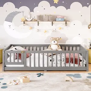 Full Size Bed Floor Bed with Safety Guardrails and Door for Kids, Gray