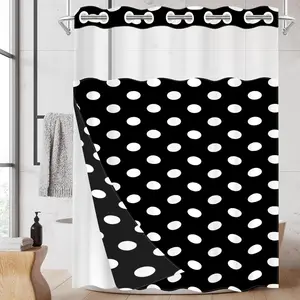 1PC Double Layer No Hooks Shower Curtain, White Polka Dot on Black Print, Retro Minimalist Bathroom Decor, Detachable Buckle Liner for Home Hotel, 71×74 Inch